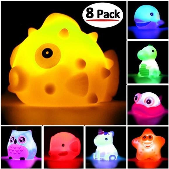 Bath Toys, 8 Pcs Light Up Floating Rubber Animal Toys Set, Flashing Color - Picture 3 of 8